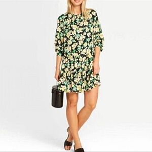 Who What Wear Electric Floral Babydoll Ruffle Dress Yellow Black Sz Medium NWT